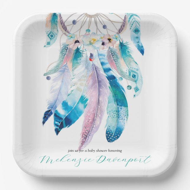Boho Teal and Purple Dreamcatcher Baby Shower Paper Plates (Front)