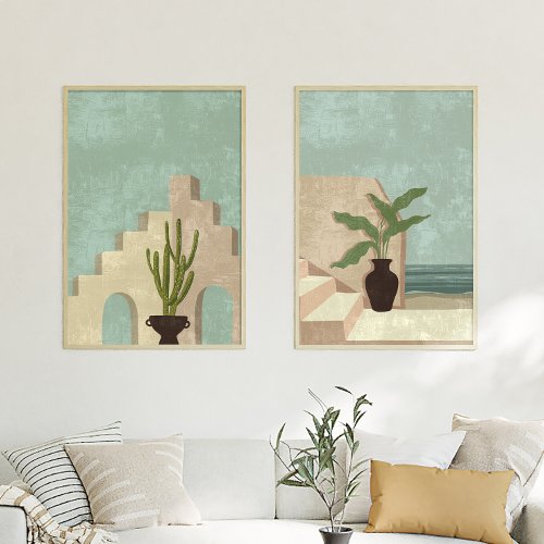 Boho Teal and Taupe Abstract Coastal Wall Art Set 