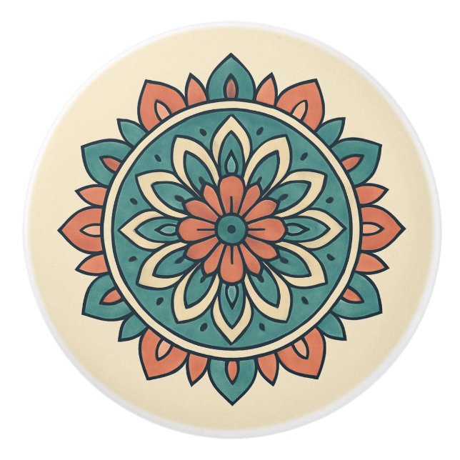 Boho Teal and Warm Coral Modern Mandala Folk Art  Ceramic Knob (Front)