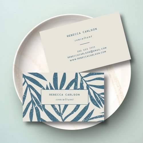 Boho Teal Beige Abstract Grunge Botanical Business Card