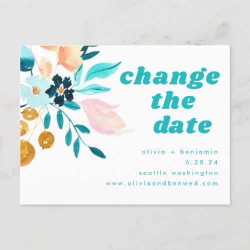 Boho Teal Blue and Gold Watercolor Floral Wedding Announcement Postcard