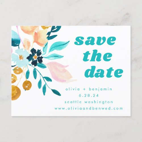 Boho Teal Blue and Gold Watercolor Floral Wedding Announcement Postcard - Boho Teal Blue and Gold Watercolor Floral Wedding