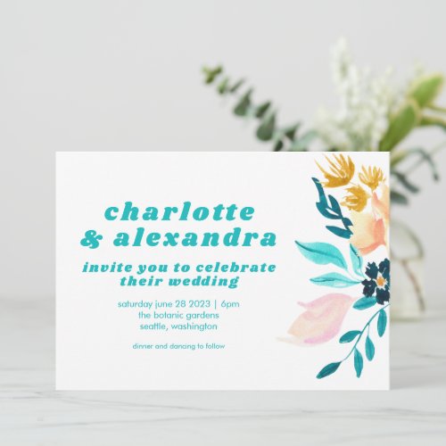 Boho Teal Blue and Gold Watercolor Floral Wedding Invitation