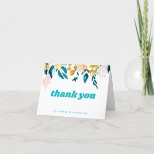 Boho Teal Blue and Gold Watercolor Floral Wedding Letterpress Thank You Card