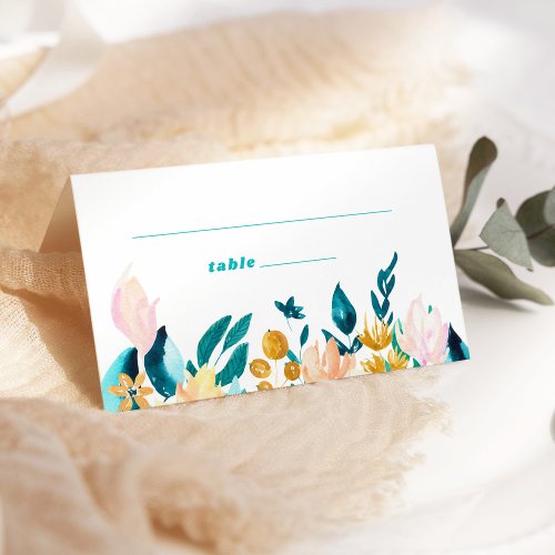 Boho Teal Blue and Gold Watercolor Floral Wedding Place Card