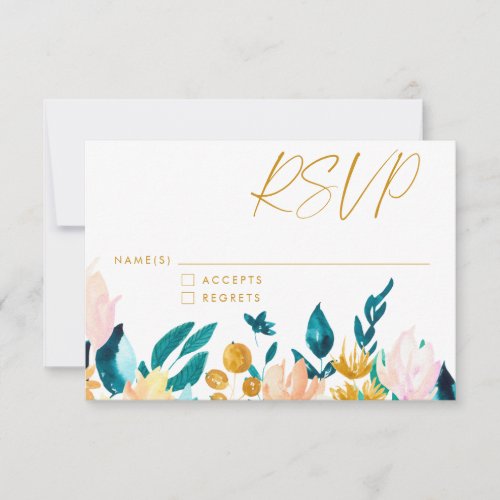 Boho Teal Blue and Gold Watercolor Floral Wedding  RSVP Card