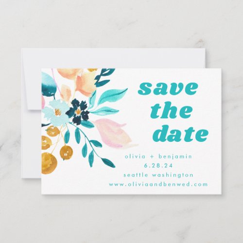 Boho Teal Blue and Gold Watercolor Floral Wedding Save The Date - Boho Teal Blue and Gold Watercolor Floral Wedding