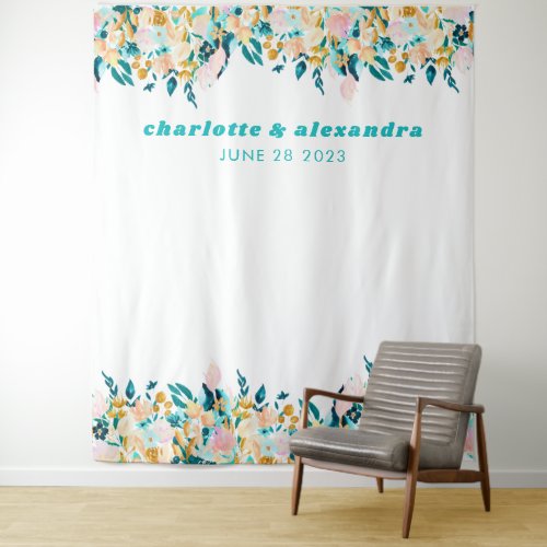 Boho Teal Blue and Gold Watercolor Floral Wedding Tapestry