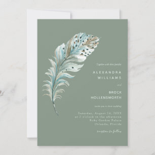 Boho Teal Blue Feather Minimal Sage Green Invitation