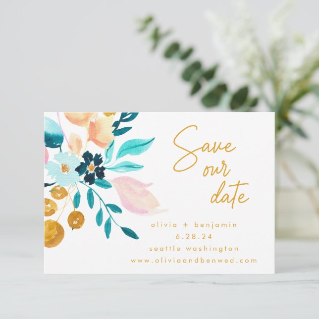 Boho Teal Blue Floral Hand Painted Romantic Save The Date (Standing Front)