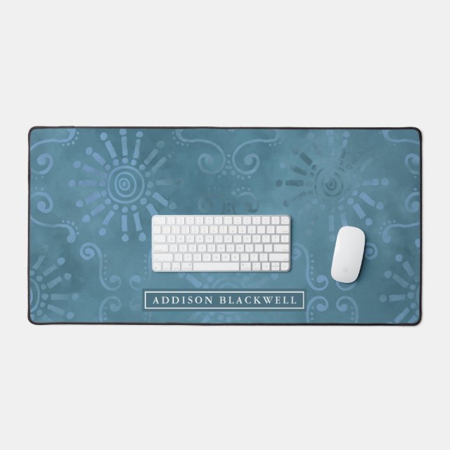 Boho Teal Blue Geometric Desk Mat and Custom Name (Keyboard & Mouse)
