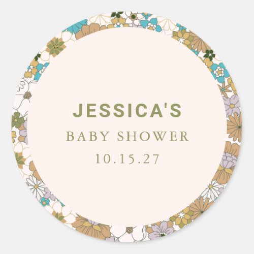 Boho Teal Brown Floral Cute Baby Shower Custom Classic Round Sticker