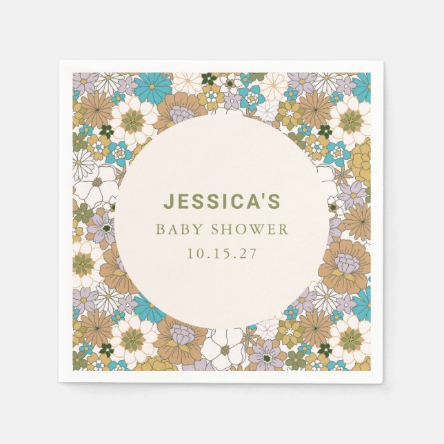Boho Teal Brown Floral Cute Baby Shower Custom Napkins (Front)
