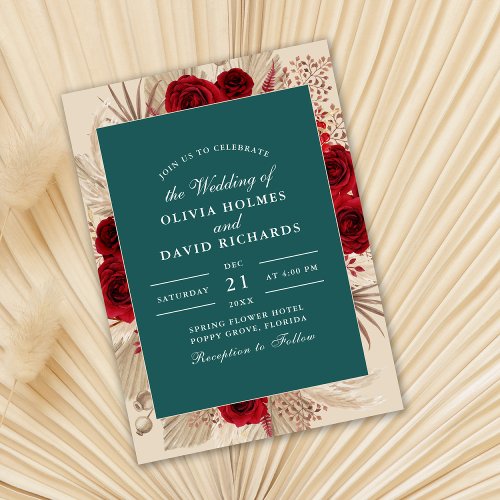 Boho Teal Burgundy Roses Wedding Invitation