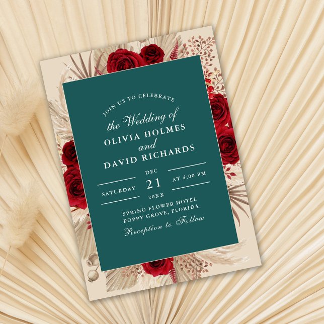 Boho Teal Burgundy Roses Wedding Invitation (Teal Burgundy Roses Wedding Invitation on dry palm leaf.)