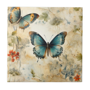 Boho Teal Butterfly Botanical Garden Print Ceramic Tile