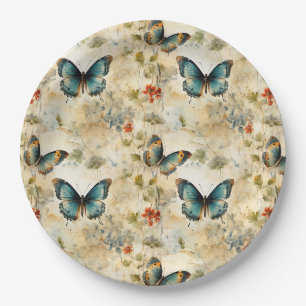 Boho Teal Butterfly Botanical Garden Print Paper Plates