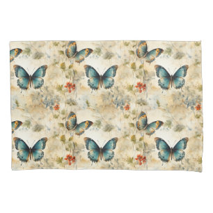 Boho Teal Butterfly Botanical Garden Print Pillow Case