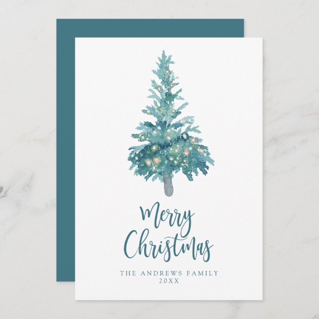 Boho Teal Christmas Watercolor Tree Non-Photo Holiday Card (Front/Back)