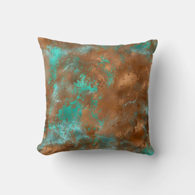 Boho Teal Copper Grunge Throw Pillow (Front)