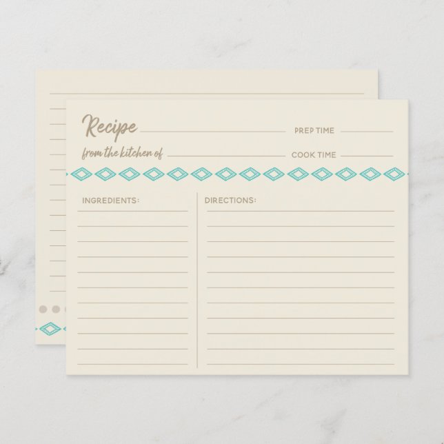 Boho Teal Diamonds Pattern Simple Recipe Card (Front/Back)