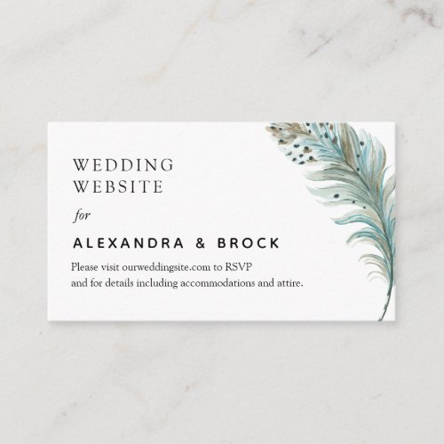 Boho Teal Feather Minimal Wedding Details Website  Enclosure Card