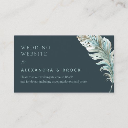 Boho Teal Feather Minimal Wedding Details Website  Enclosure Card