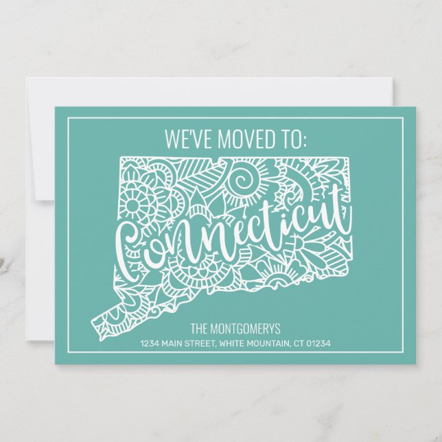 Boho Teal Floral Connecticut State Moving Announcement (Front)