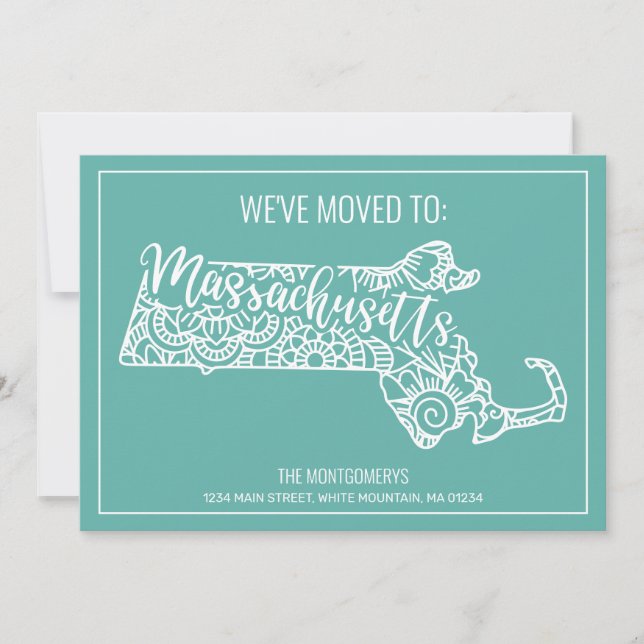 Boho Teal Floral Mandala Massachusetts Moving Announcement (Front)