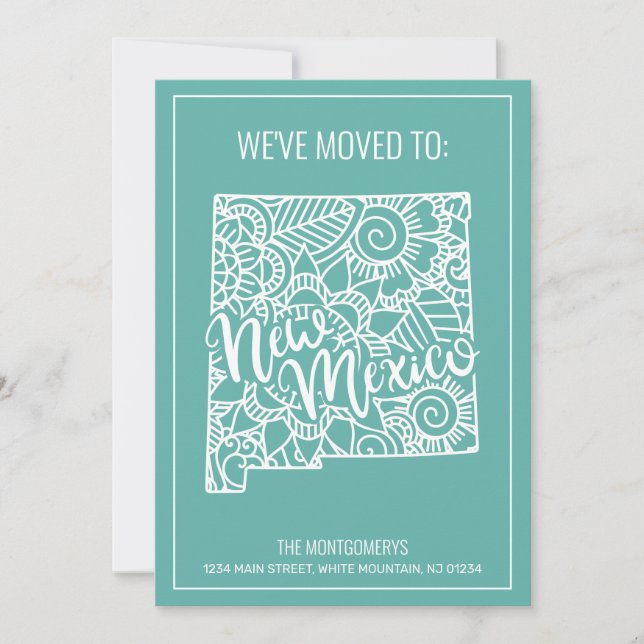 Boho Teal Floral Mandala New Mexico State Moving Announcement (Front)