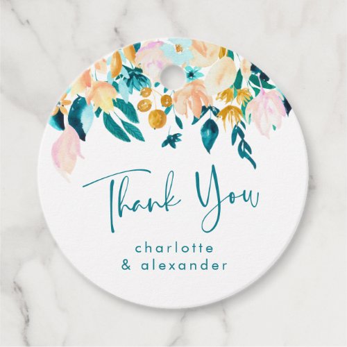 Boho Teal Gold Watercolor Floral Thank You Custom  Favor Tags