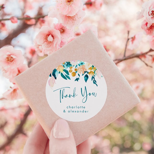 Boho Teal Green Floral Minimalist Thank You Custom Classic Round Sticker (Creator Uploaded)