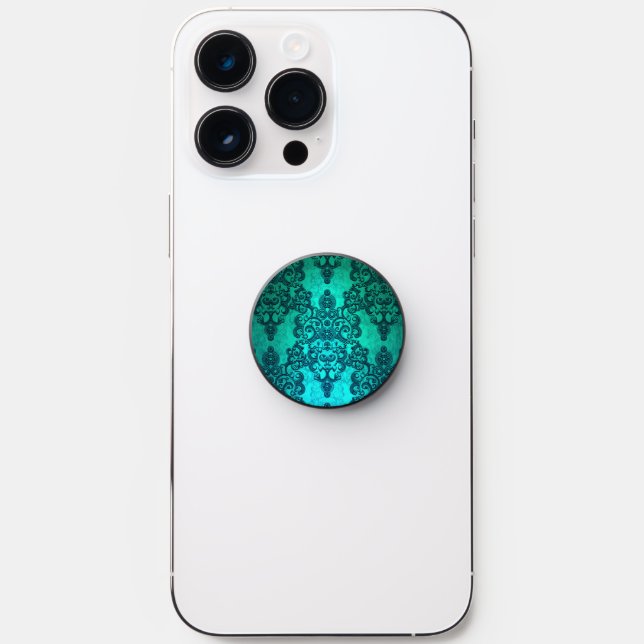Boho Teal Lacy Damask Pattern PopSocket (Front)
