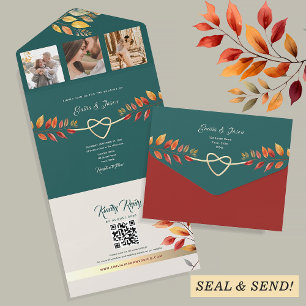 Boho Teal Orange Fall Wedding All In One Invitation