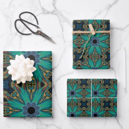 Boho Teal Peacock Abstract Graphic Pattern Wrapping Paper Sheets