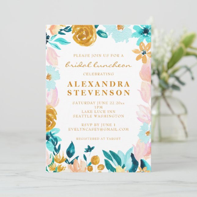 Boho Teal Watercolor Floral Bridal Luncheon  Invitation (Standing Front)