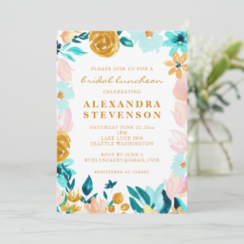 Boho Teal Watercolor Floral Bridal Luncheon  Invitation - Boho Teal Blue and Gold Watercolor Floral Bridal Luncheon Invitation