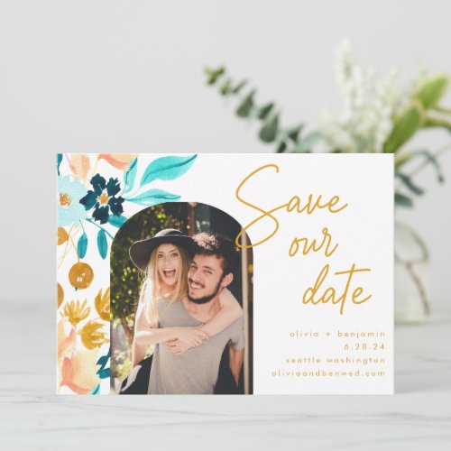 Boho Teal Watercolor Flowers Photo Wedding   Save The Date - Boho Teal Blue and Gold Watercolor Floral Wedding Save Our Date with Your Photo