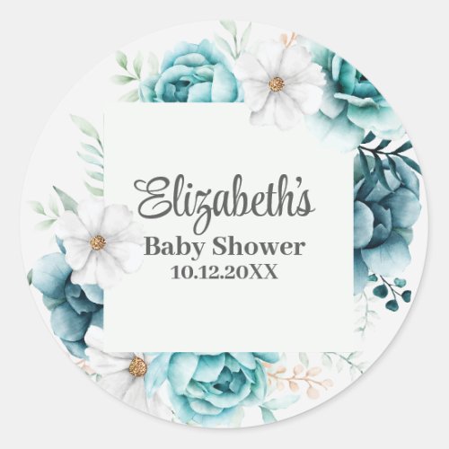 Boho Teal Wildflowers Baby Shower  Classic Round Sticker