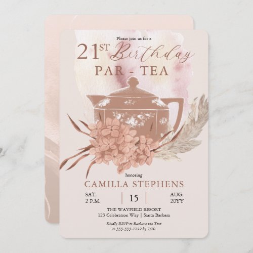 Boho Teapot Hydrangeas Pampas 21st Birthday Party Invitation