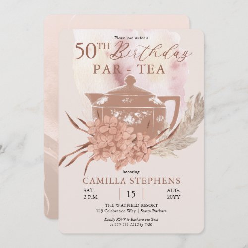 Boho Teapot Hydrangeas Pampas 50th Birthday Party  Invitation