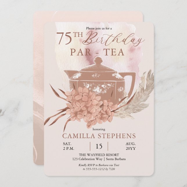Boho Teapot Hydrangeas Pampas 75th Birthday Party Invitation (Front/Back)