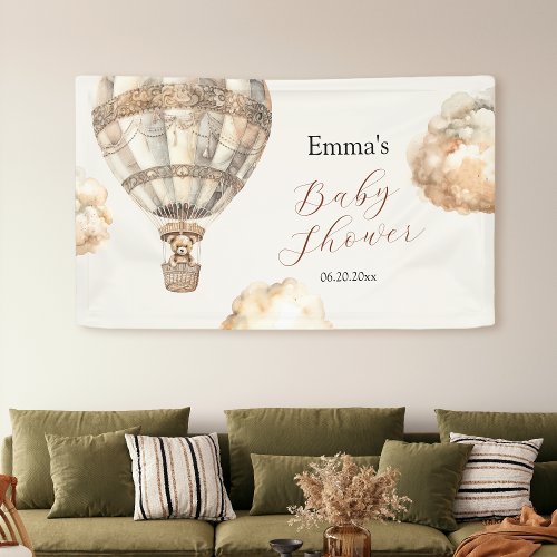 Boho Teddy Bear Air Balloon Clouds Baby Shower Banner