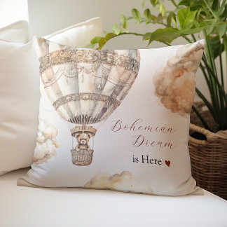 Boho Teddy Bear Air Balloon Clouds Sky Baby Shower Throw Pillow