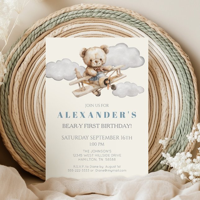 Boho Teddy Bear Airplane Birthday Party Invitation (Vintage Airplane and Teddy Bear Bear-y First Birthday Invitation)