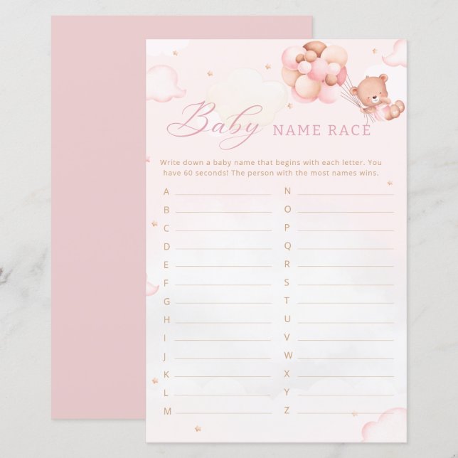 Boho Teddy Bear Baby Shower Baby name race game  (Front/Back)