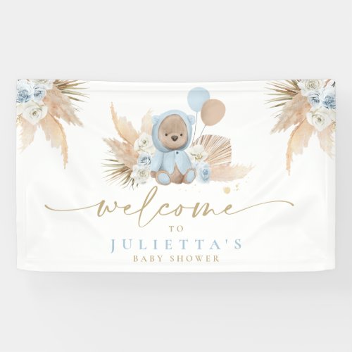 Boho Teddy Bear Baby Shower Boy Blue Bear Welcome  Banner