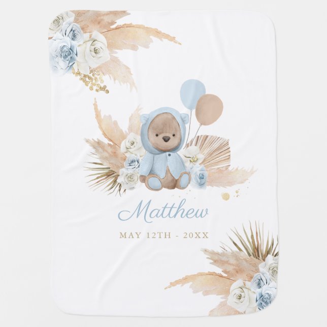 Boho Teddy Bear Baby Shower Gift Boy Blue Bear  Blanket (Front)