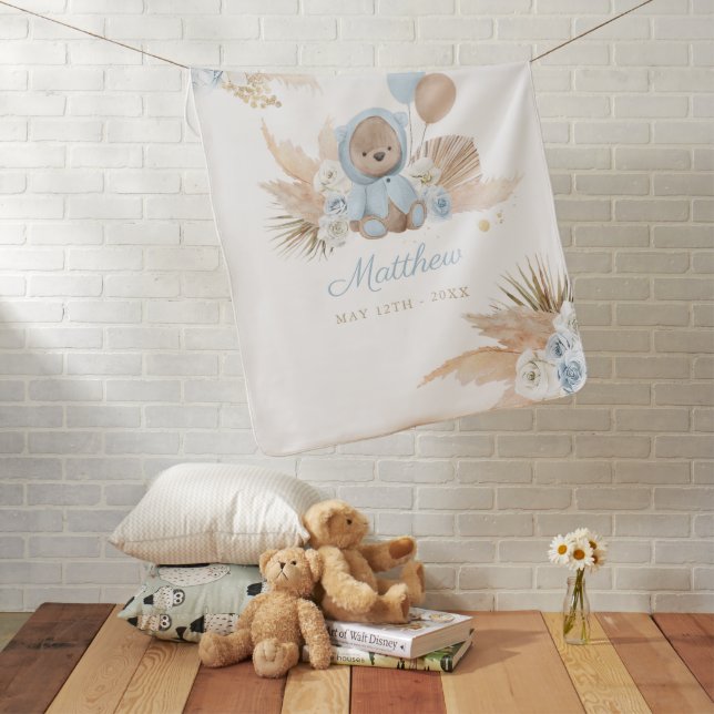 Boho Teddy Bear Baby Shower Gift Boy Blue Bear Blanket (In Situ)