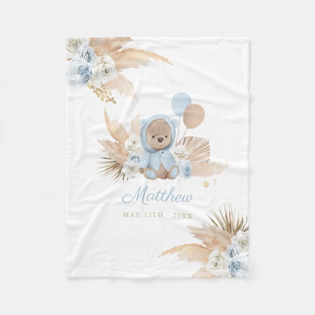 Boho Teddy Bear Baby Shower Gift Boy Blue Bear Fleece Blanket (Front)